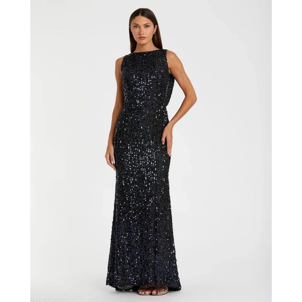 IEENA MAC DUGGAL New Sequin‎ Evening Dress Blue Black Maxi 10 Midnight 26331